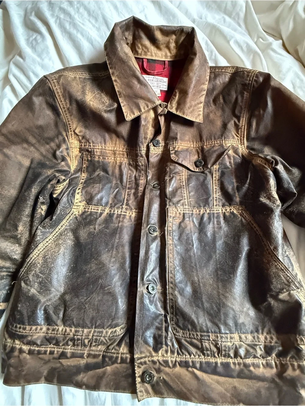 Filson USA Made Plaid Lined Tin Cloth Short Cruiser Jacket - Heavy Patina M